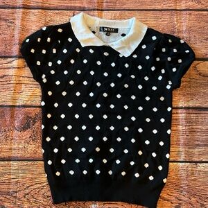 YEMAK Black Women's Polka Dot Contrast Collar Short Sleeve Casual‎ Sweater